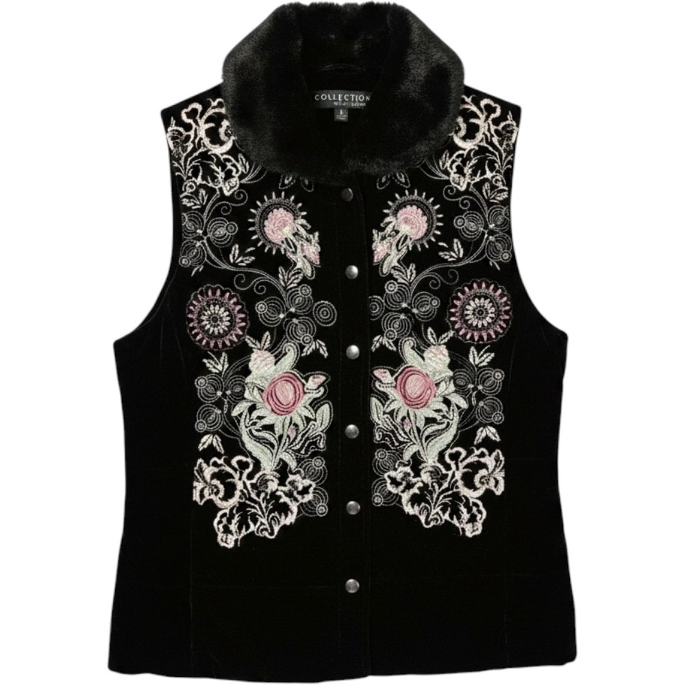 Harve Benard Collection Black Velvet Embroidered Faux Fur Collar Vest 10 Y2K